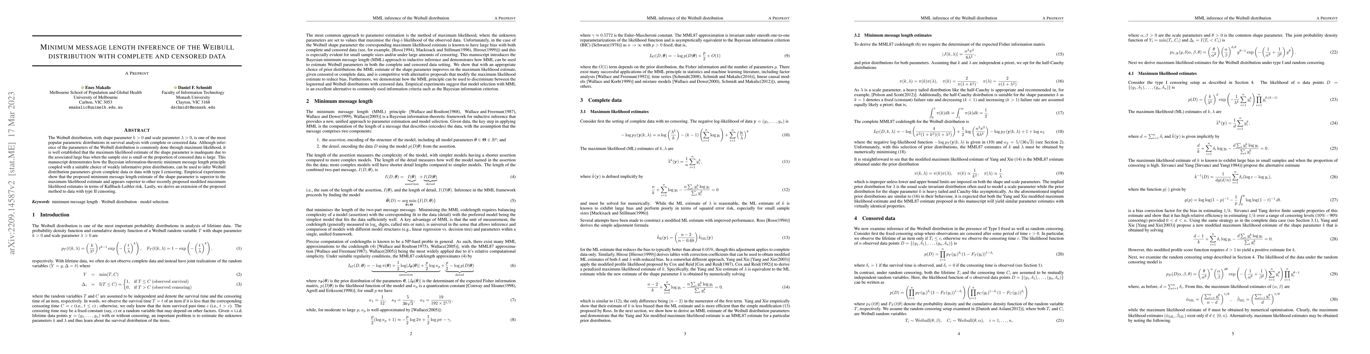 Thumbnail for Minimum message length inference of the Weibull distribution with
  complete and censored data