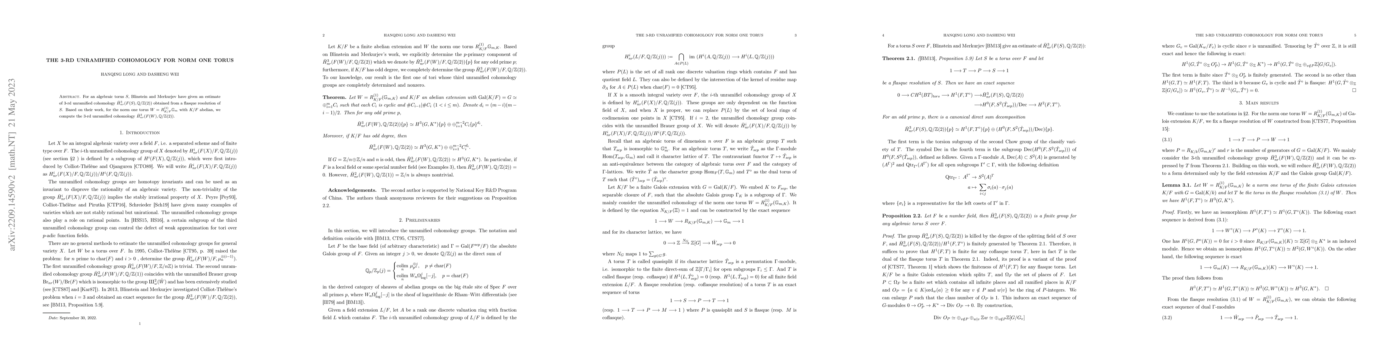 Thumbnail for The 3-rd unramified cohomology for norm one torus