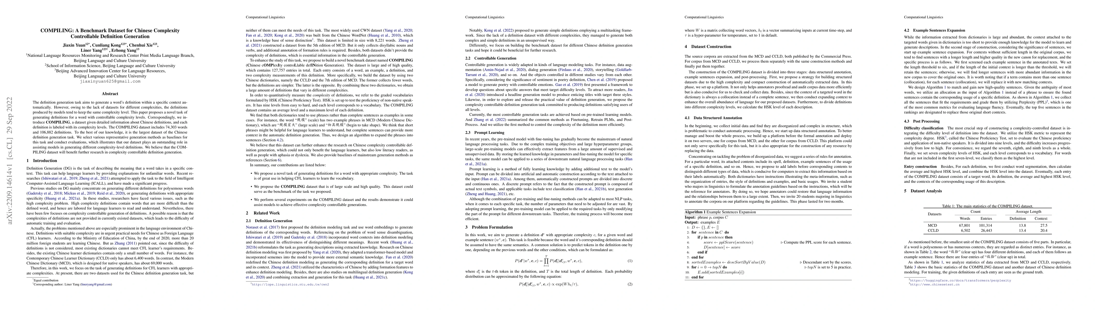 Thumbnail for COMPILING: A Benchmark Dataset for Chinese Complexity Controllable
  Definition Generation