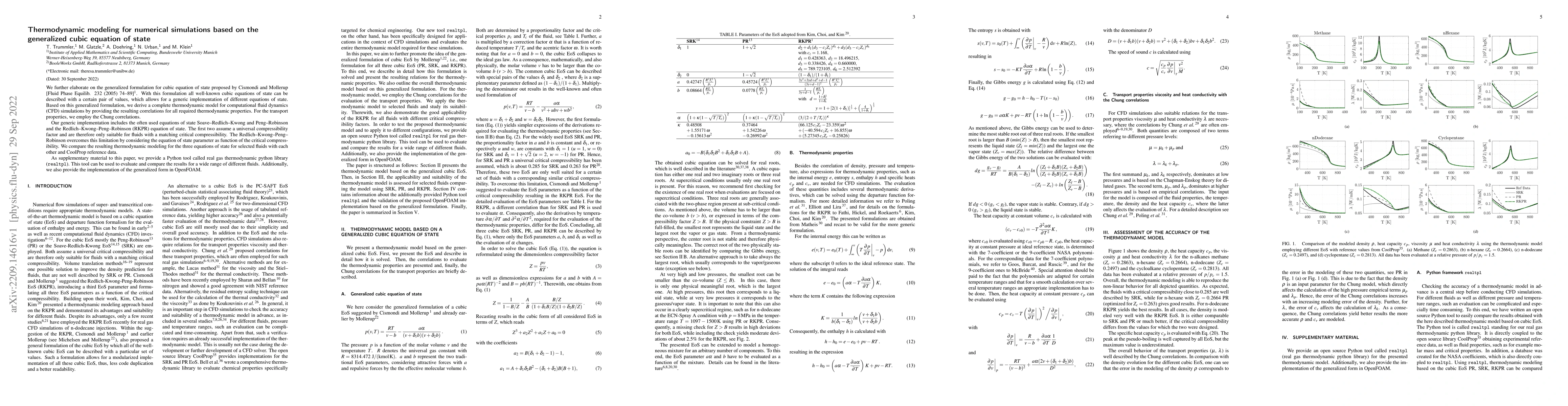 Thumbnail for Thermodynamic modeling for numerical simulations based on the
  generalized cubic equation of state