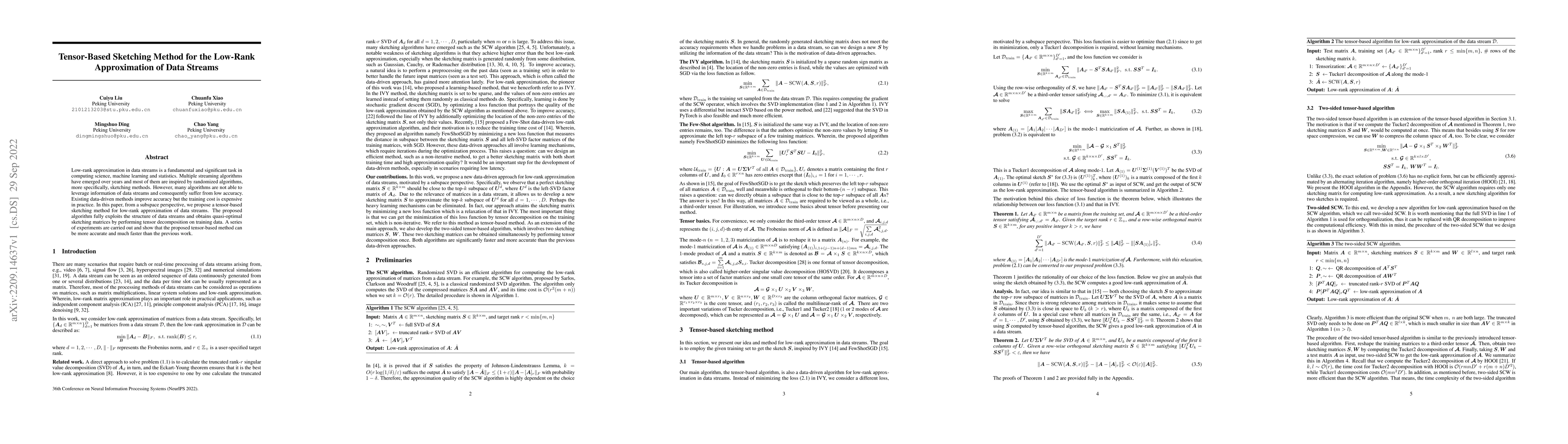 Thumbnail for Tensor-Based Sketching Method for the Low-Rank Approximation of Data
  Streams