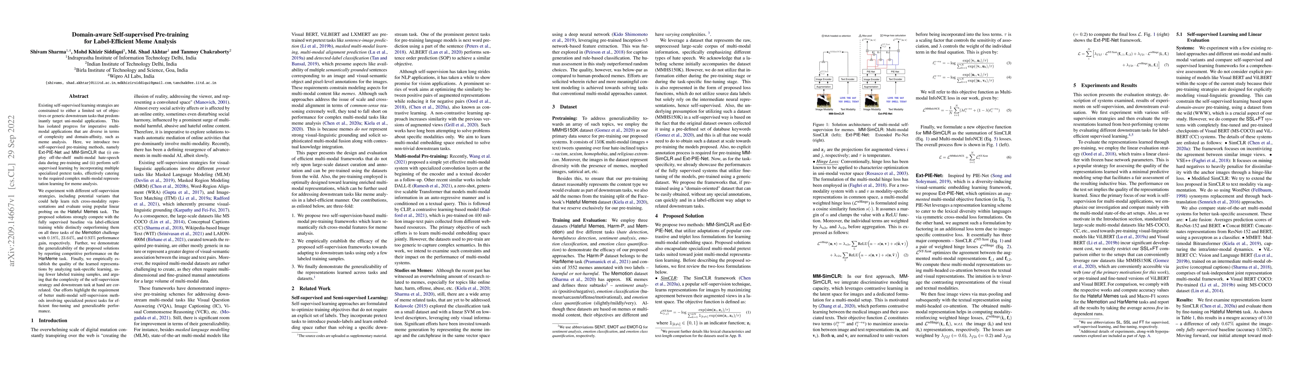 Thumbnail for Domain-aware Self-supervised Pre-training for Label-Efficient Meme
  Analysis