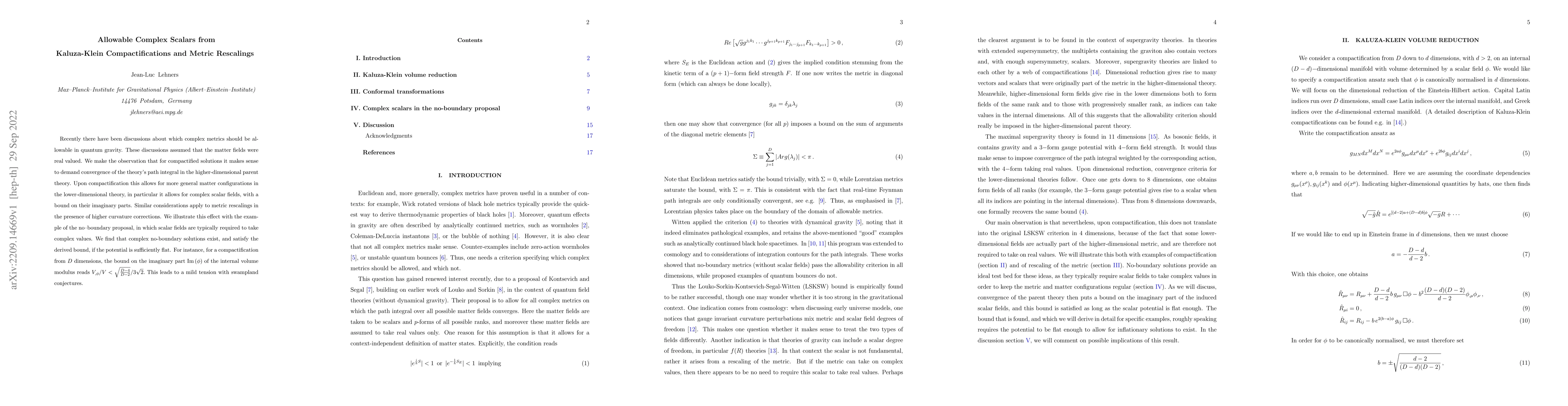 Thumbnail for Allowable Complex Scalars from Kaluza-Klein Compactifications and Metric
  Rescalings