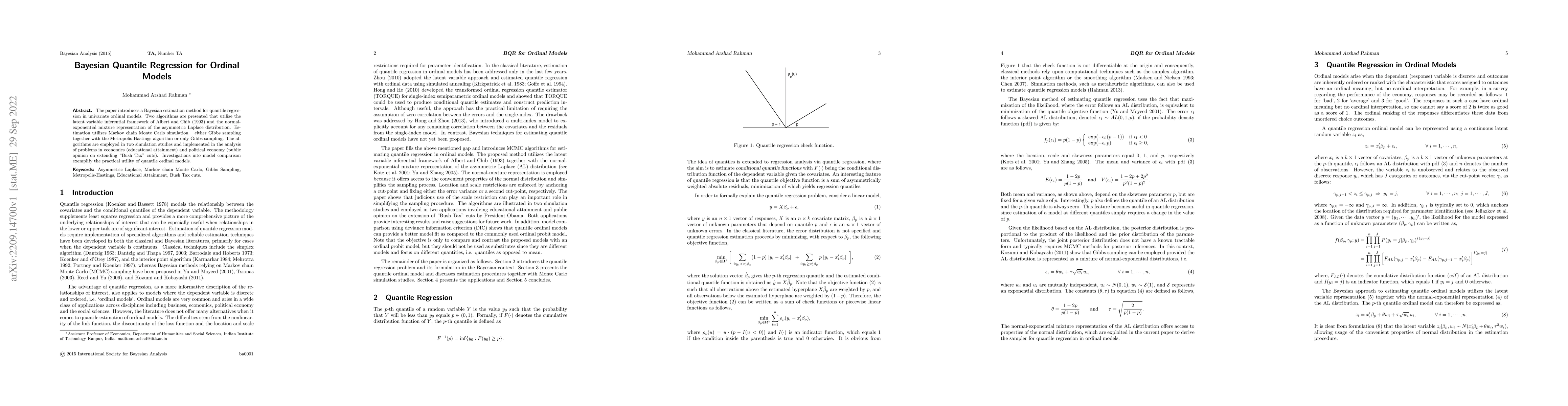 Thumbnail for Bayesian Quantile Regression for Ordinal Models