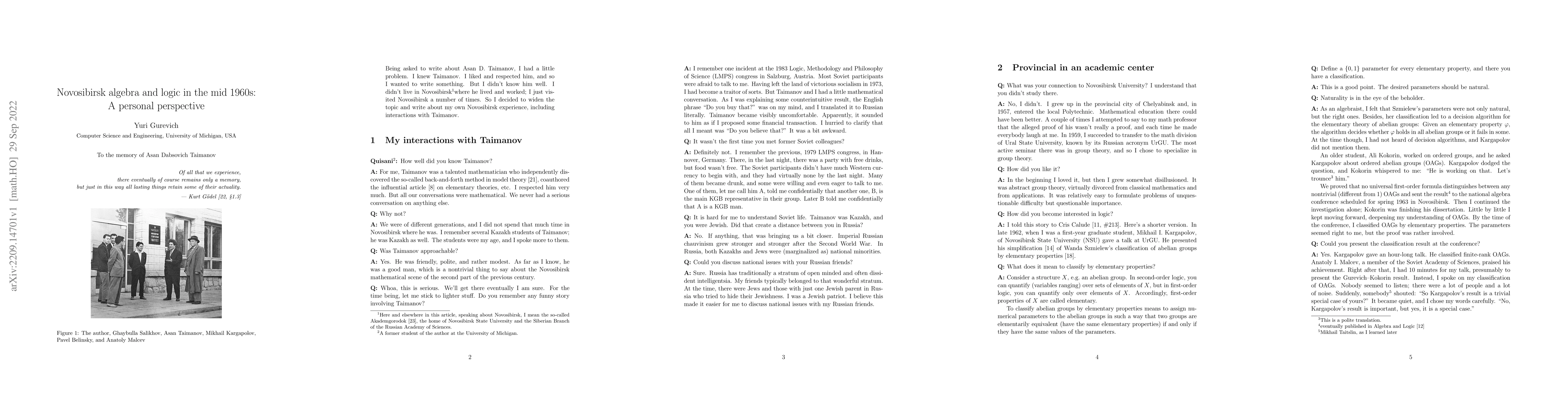 Thumbnail for Novosibirsk algebra and logic in the mid 1960s: A personal perspective