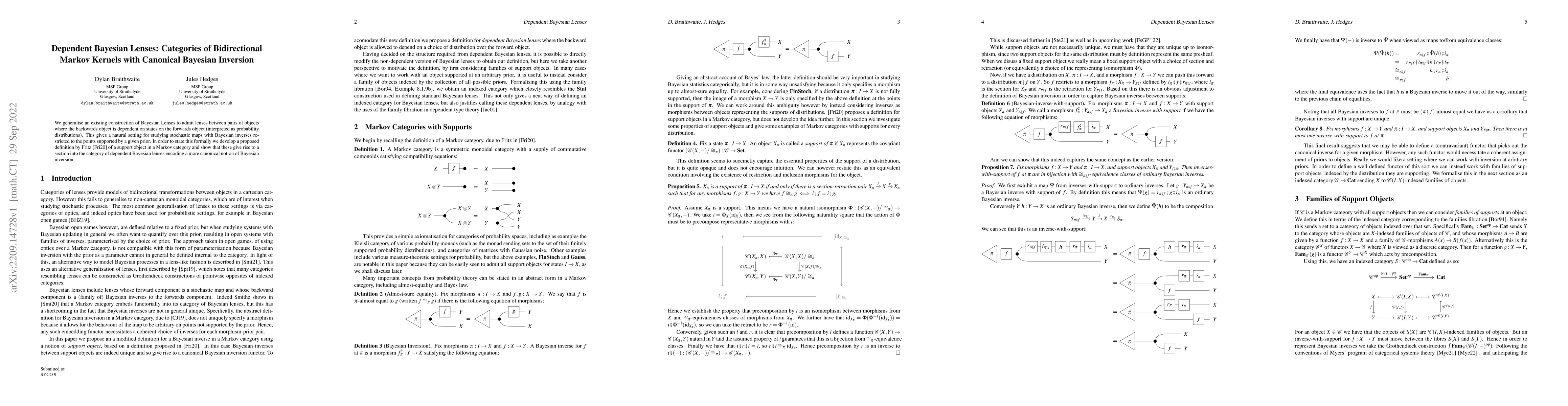 Thumbnail for Dependent Bayesian Lenses: Categories of Bidirectional Markov Kernels
  with Canonical Bayesian Inversion