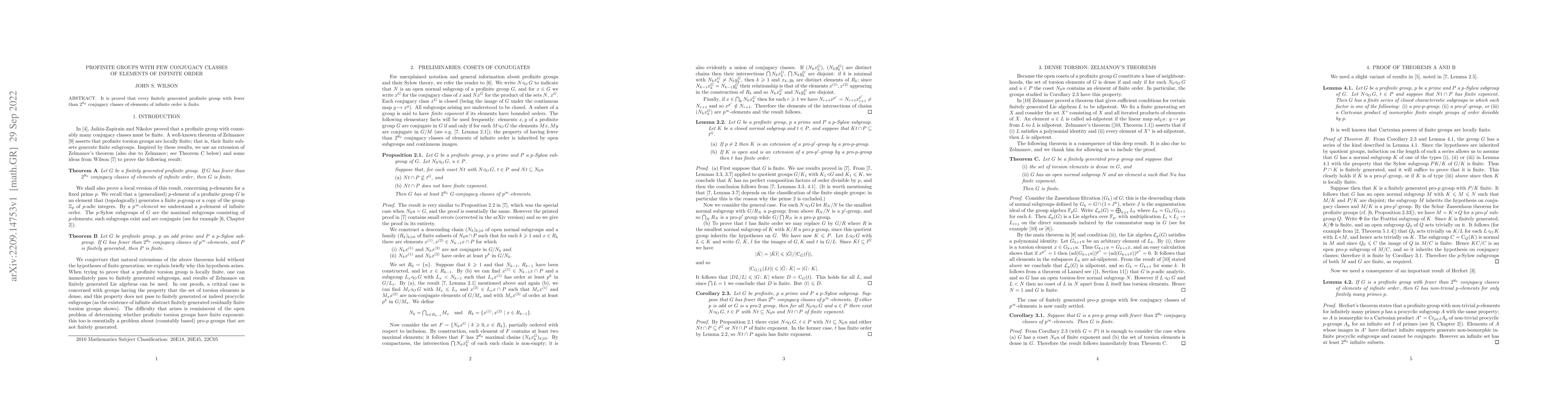 Thumbnail for Profinite groups with few conjugacy classes of elements of infinite
  order