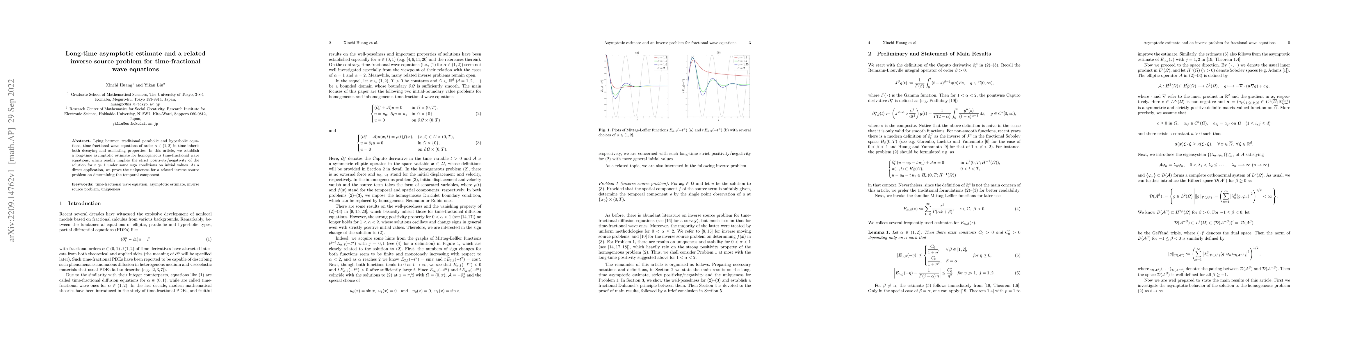 Thumbnail for Long-time asymptotic estimate and a related inverse source problem for
  time-fractional wave equations