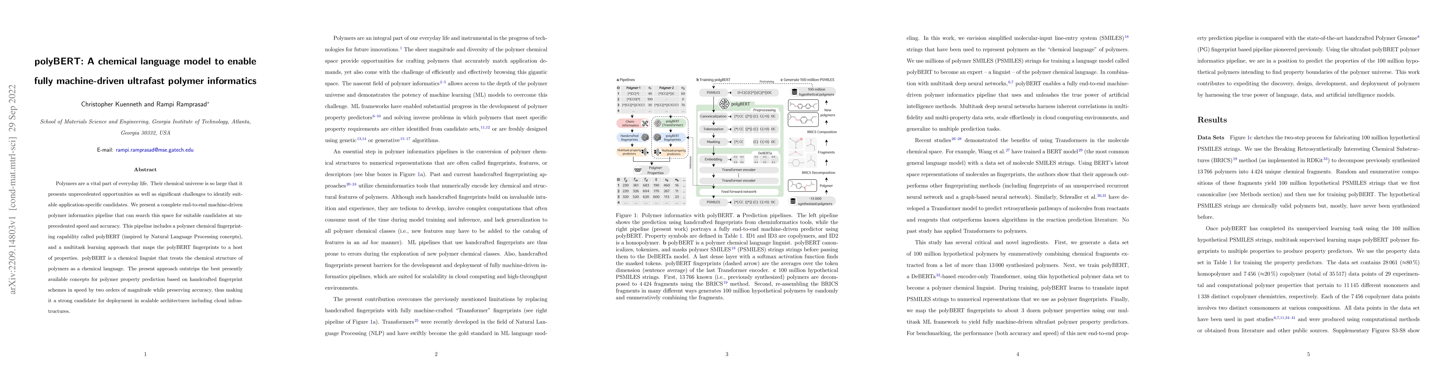 Thumbnail for polyBERT: A chemical language model to enable fully machine-driven
  ultrafast polymer informatics