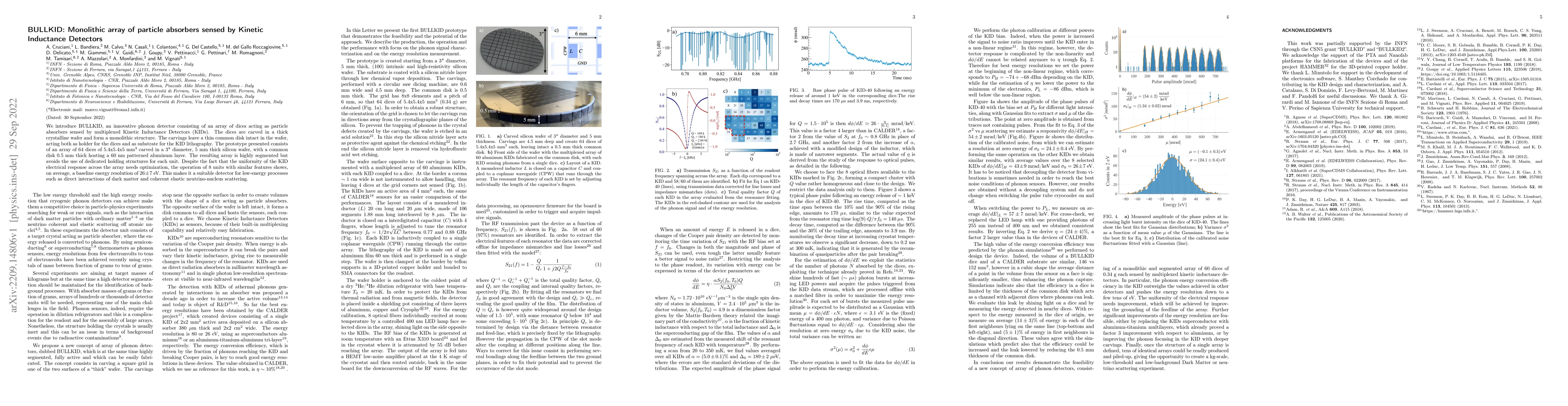 Thumbnail for BULLKID: Monolithic array of particle absorbers sensed by Kinetic
  Inductance Detectors