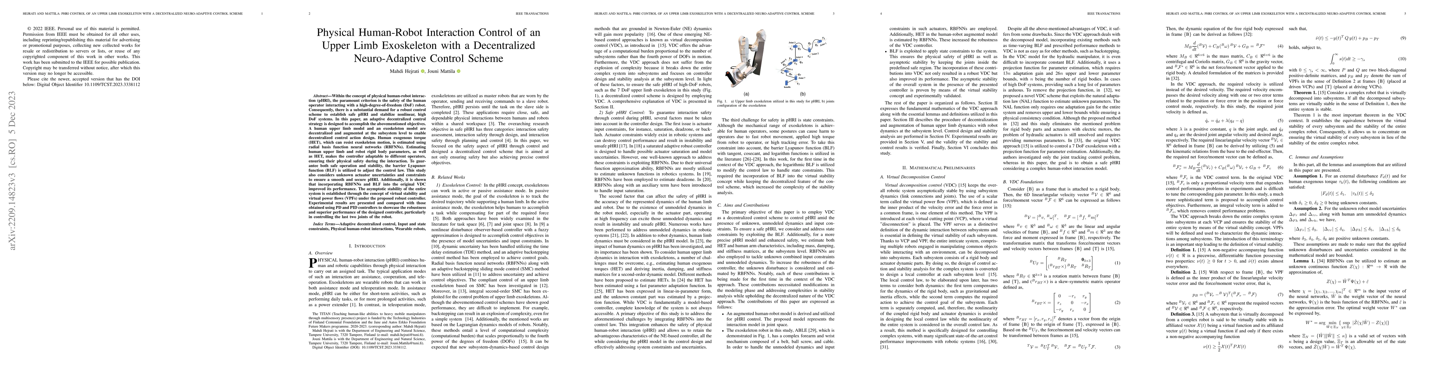 Thumbnail for Physical Human-Robot Interaction Control of an Upper Limb Exoskeleton
  with a Decentralized Neuro-Adaptive Control Scheme