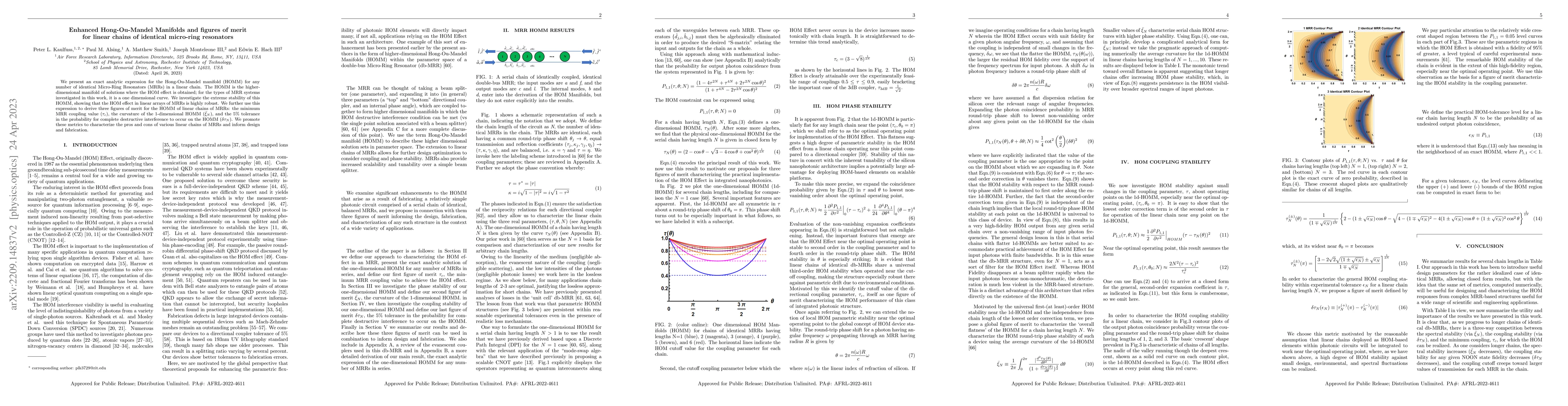 Thumbnail for Enhanced Hong-Ou-Mandel Manifolds and figures of merit for linear chains
  of identical micro-ring resonators