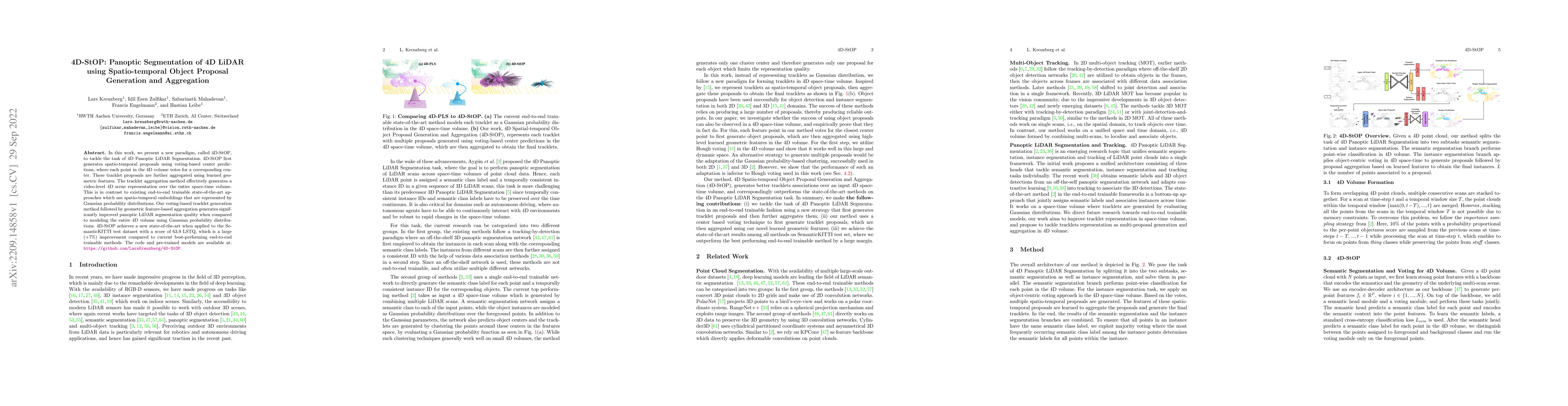 Thumbnail for 4D-StOP: Panoptic Segmentation of 4D LiDAR using Spatio-temporal Object
  Proposal Generation and Aggregation