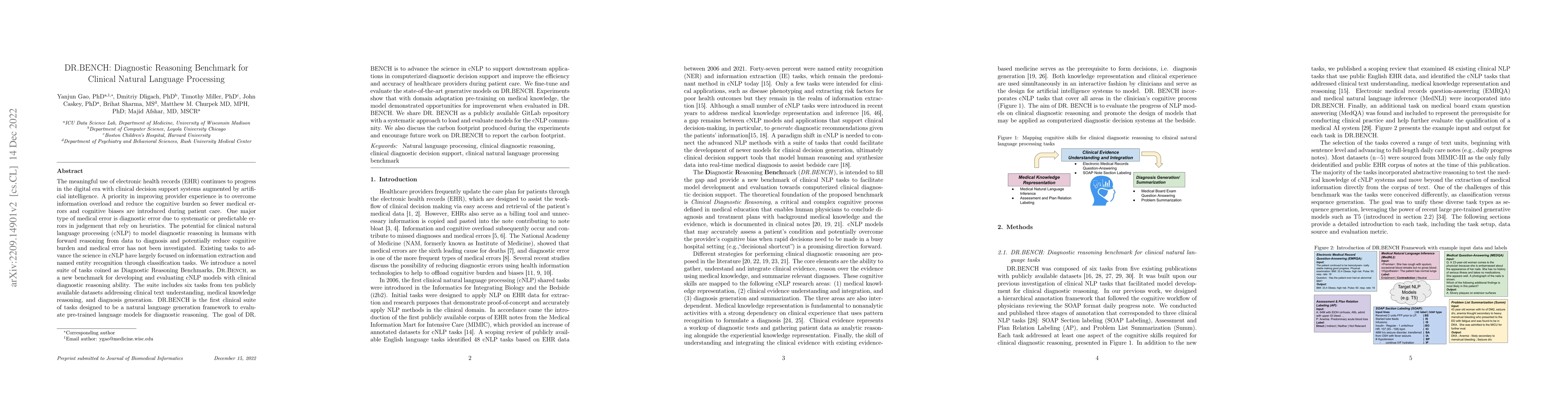 Thumbnail for DR.BENCH: Diagnostic Reasoning Benchmark for Clinical Natural Language
  Processing