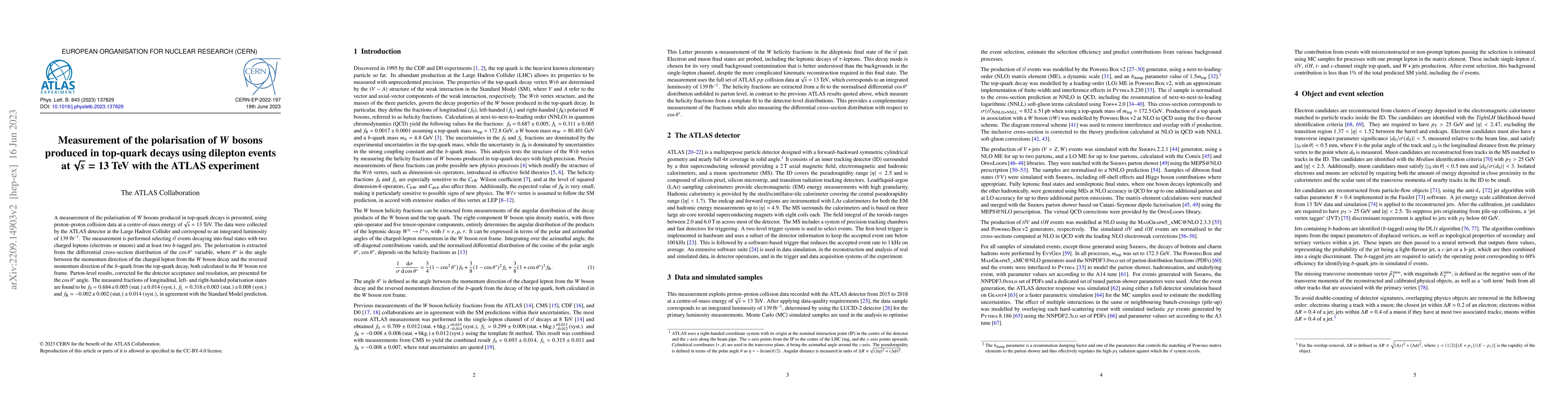 Thumbnail for Measurement of the polarisation of $W$ bosons produced in top-quark
  decays using dilepton events at $\sqrt{s} = 13$ TeV with the ATLAS experiment