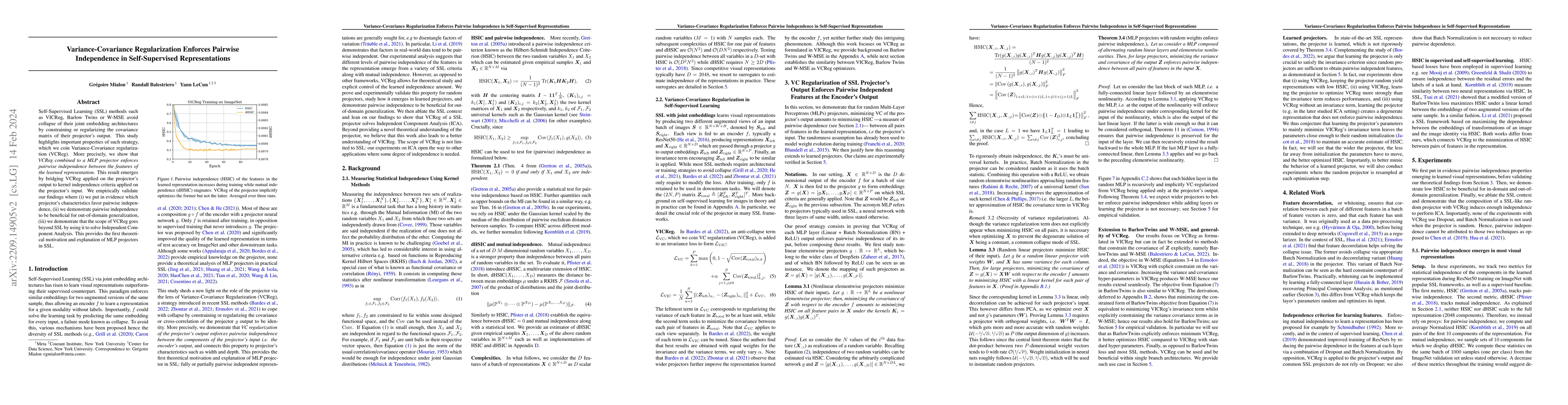 Thumbnail for Variance Covariance Regularization Enforces Pairwise Independence in
  Self-Supervised Representations