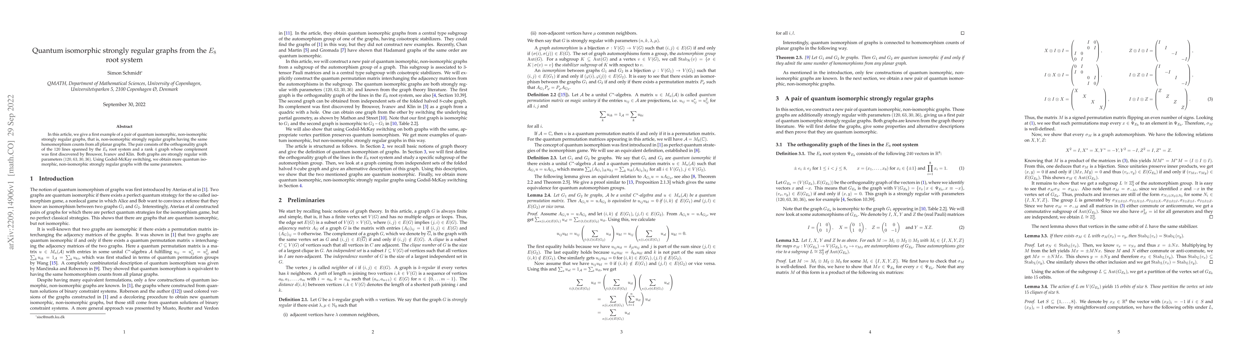 Thumbnail for Quantum isomorphic strongly regular graphs from the $E_8$ root system