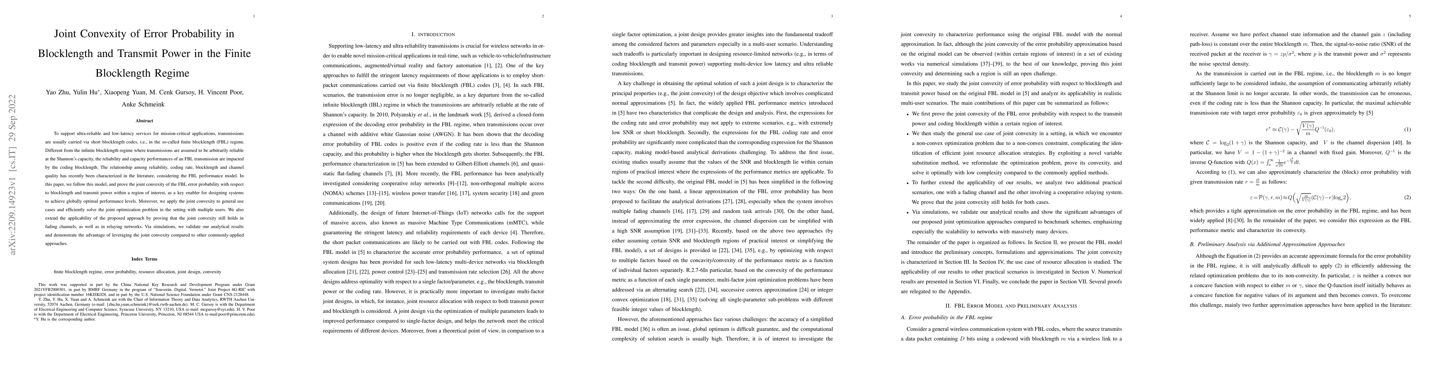 Thumbnail for Joint Convexity of Error Probability in Blocklength and Transmit Power
  in the Finite Blocklength Regime
