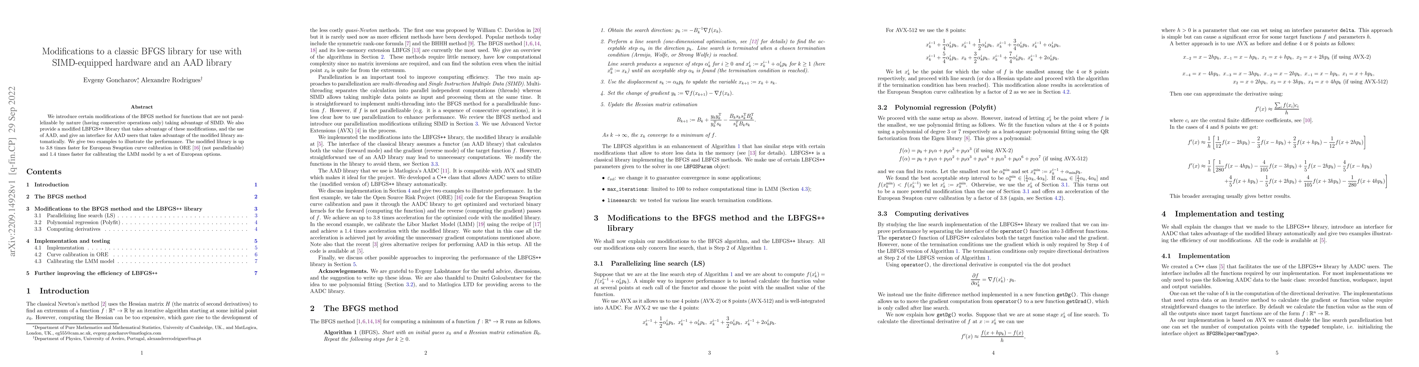 Thumbnail for Modifications to a classic BFGS library for use with SIMD-equipped
  hardware and an AAD library