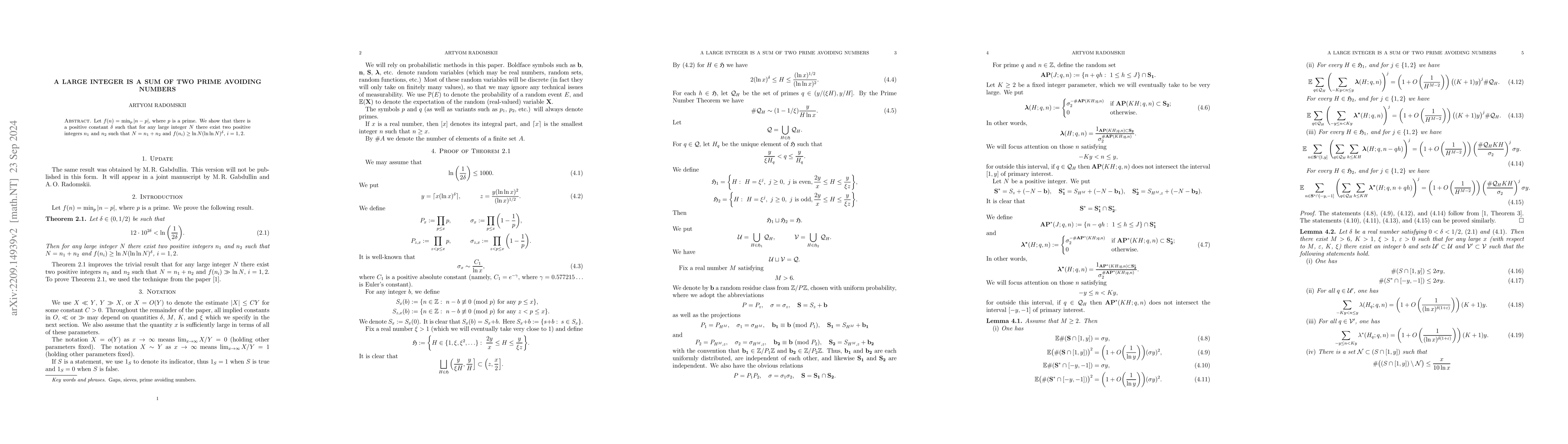 Thumbnail for A large integer is a sum of two prime avoiding numbers