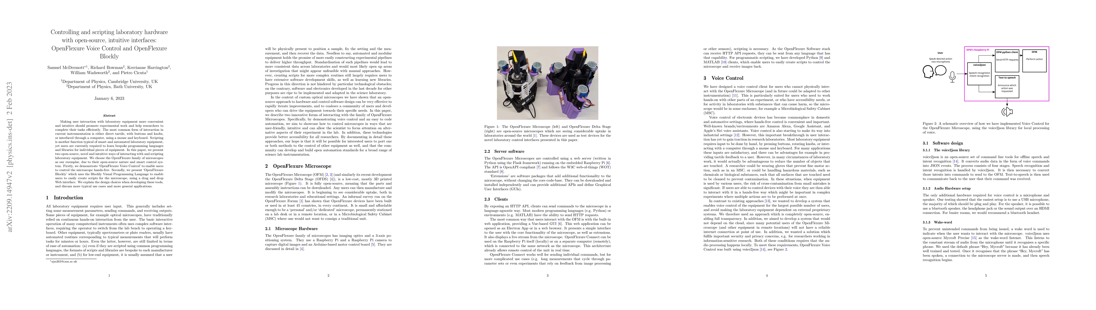 Thumbnail for Controlling and scripting laboratory hardware with open-source,
  intuitive interfaces: OpenFlexure Voice Control and OpenFlexure Blockly