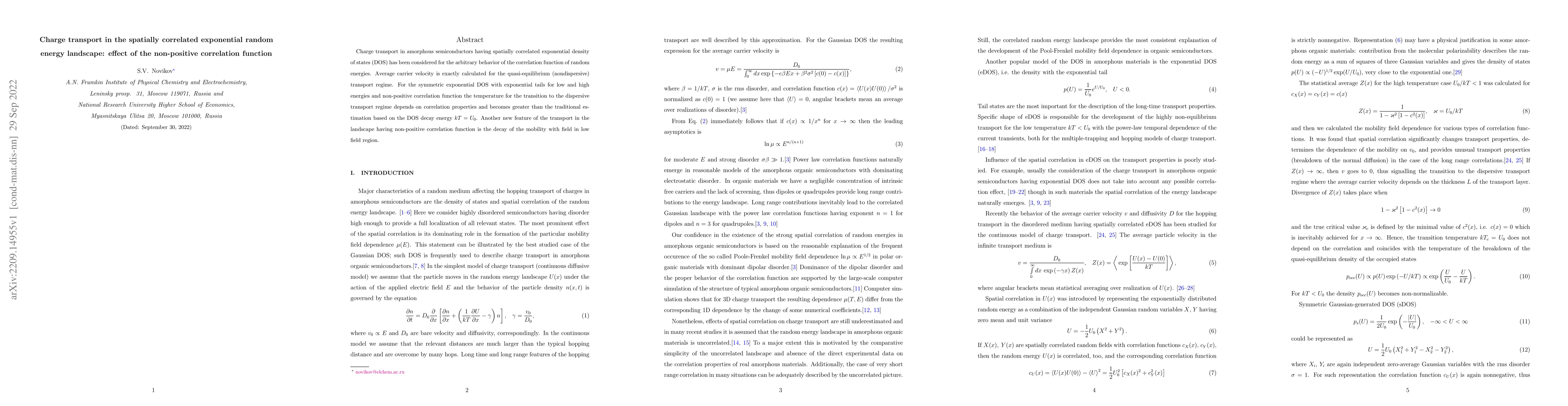 Thumbnail for Charge transport in the spatially correlated exponential random energy
  landscape: effect of the non-positive correlation function