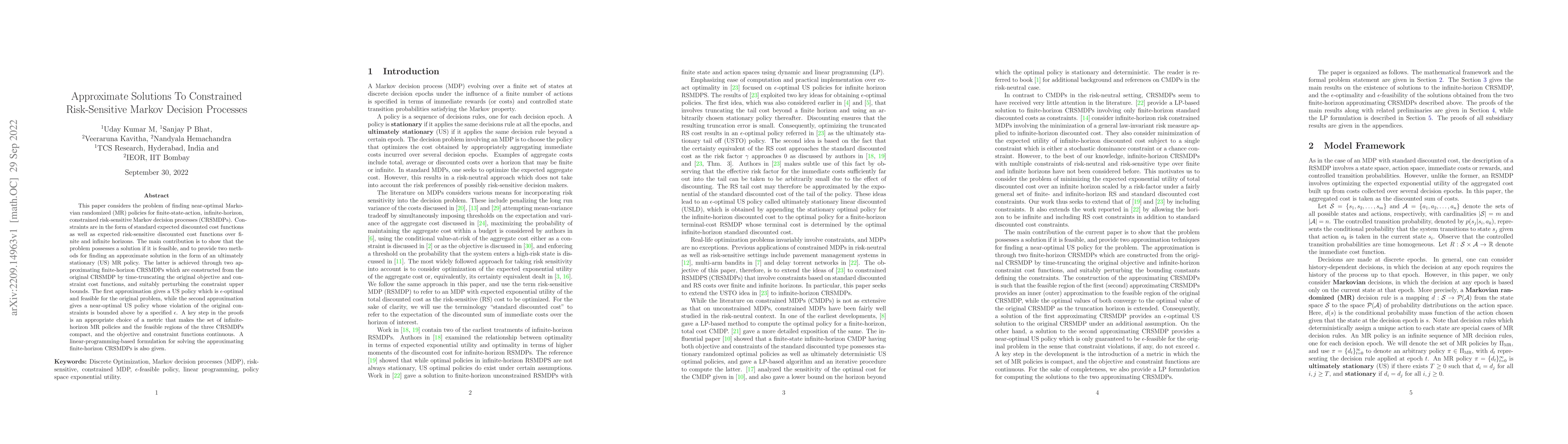 Thumbnail for Approximate Solutions To Constrained Risk-Sensitive Markov Decision
  Processes