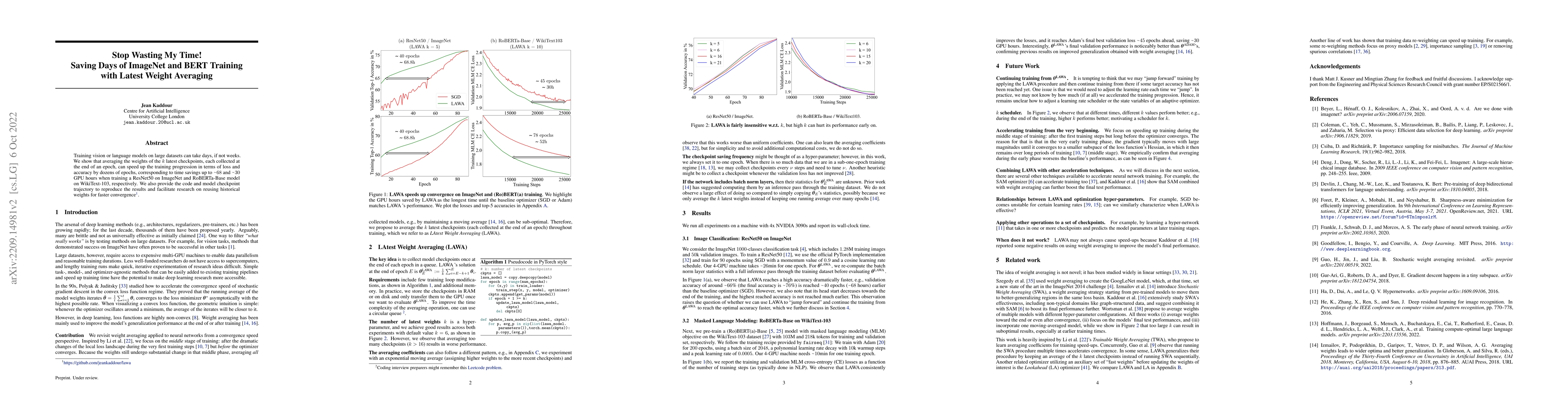 Thumbnail for Stop Wasting My Time! Saving Days of ImageNet and BERT Training with
  Latest Weight Averaging