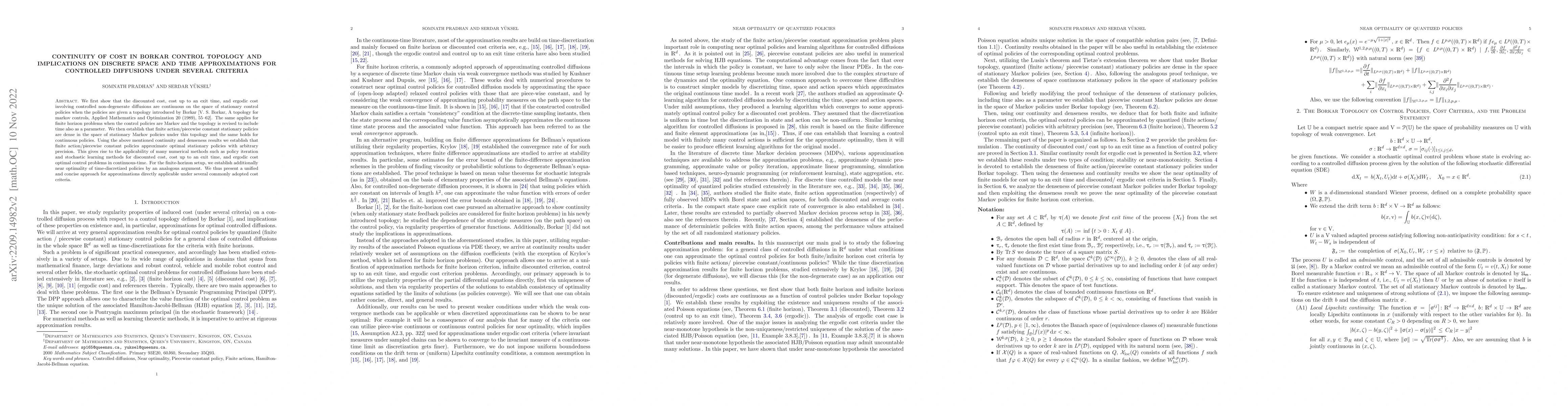 Thumbnail for Continuity of Cost in Borkar Control Topology and Implications on
  Discrete Space and Time Approximations for Controlled Diffusions under
  Several Criteria