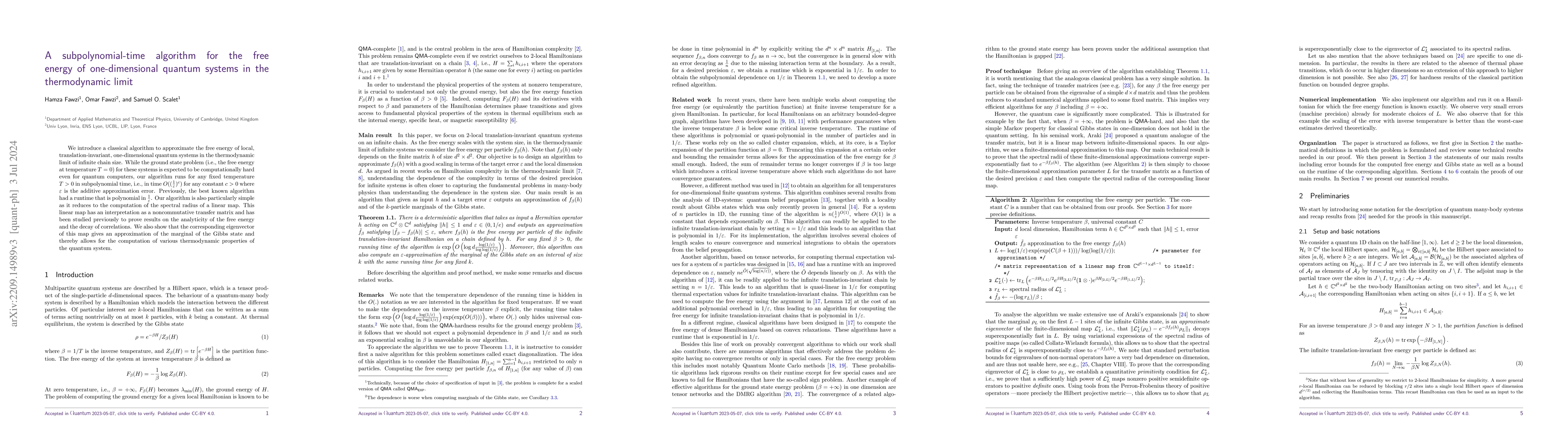Thumbnail for A subpolynomial-time algorithm for the free energy of one-dimensional
  quantum systems in the thermodynamic limit