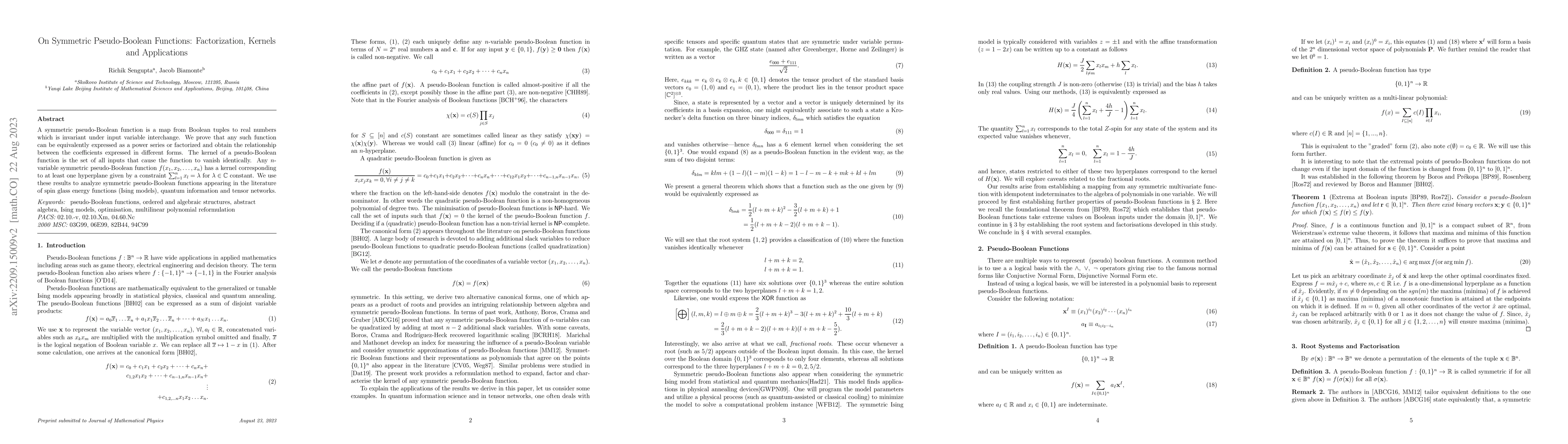 Thumbnail for On Symmetric Pseudo-Boolean Functions: Factorization, Kernels and
  Applications