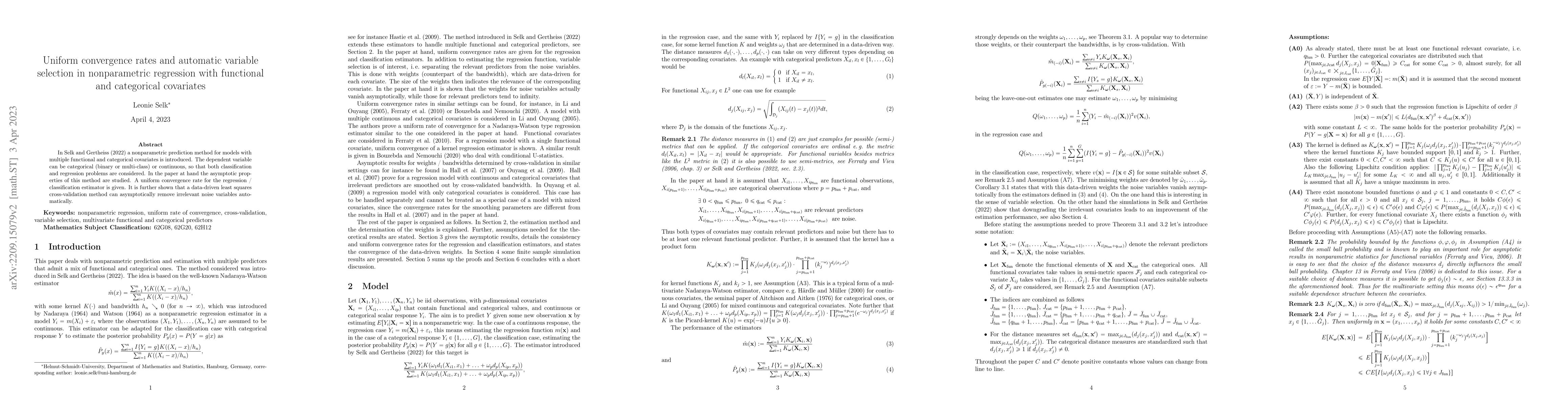 Thumbnail for Uniform convergence rates and automatic variable selection in
  nonparametric regression with functional and categorical covariates