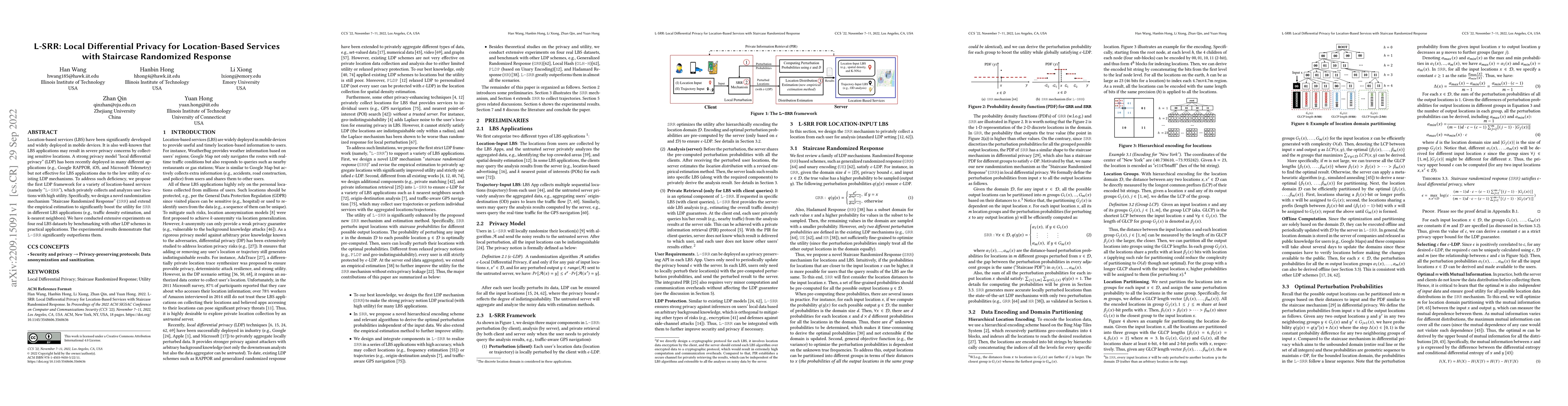 Thumbnail for L-SRR: Local Differential Privacy for Location-Based Services with
  Staircase Randomized Response