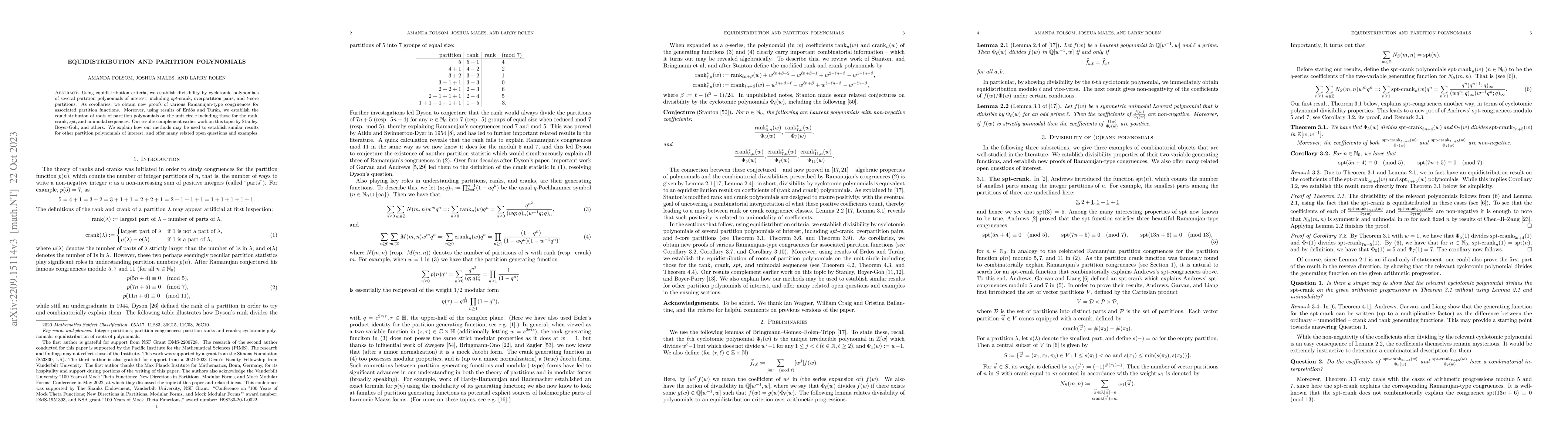 Thumbnail for Equidistribution and partition polynomials