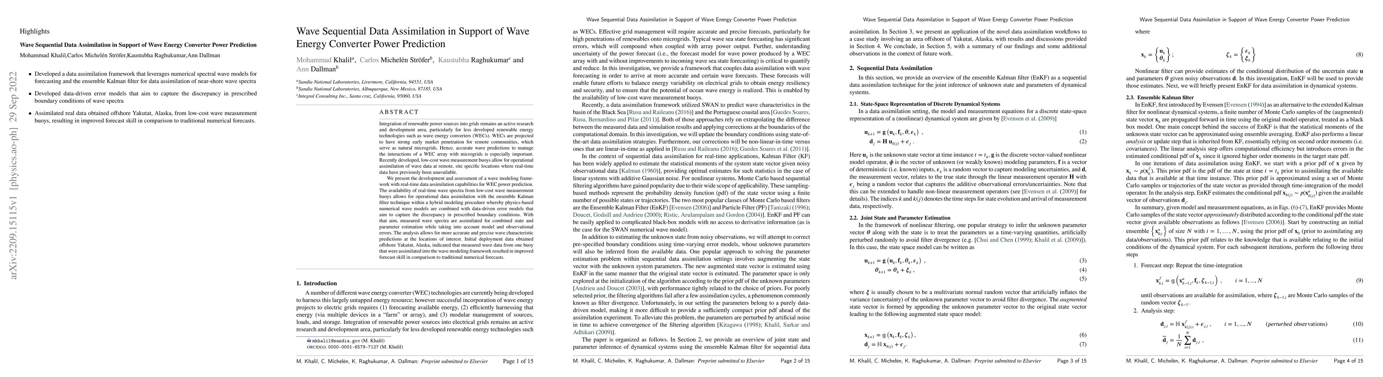 Thumbnail for Wave Sequential Data Assimilation in Support of Wave Energy Converter
  Power Prediction
