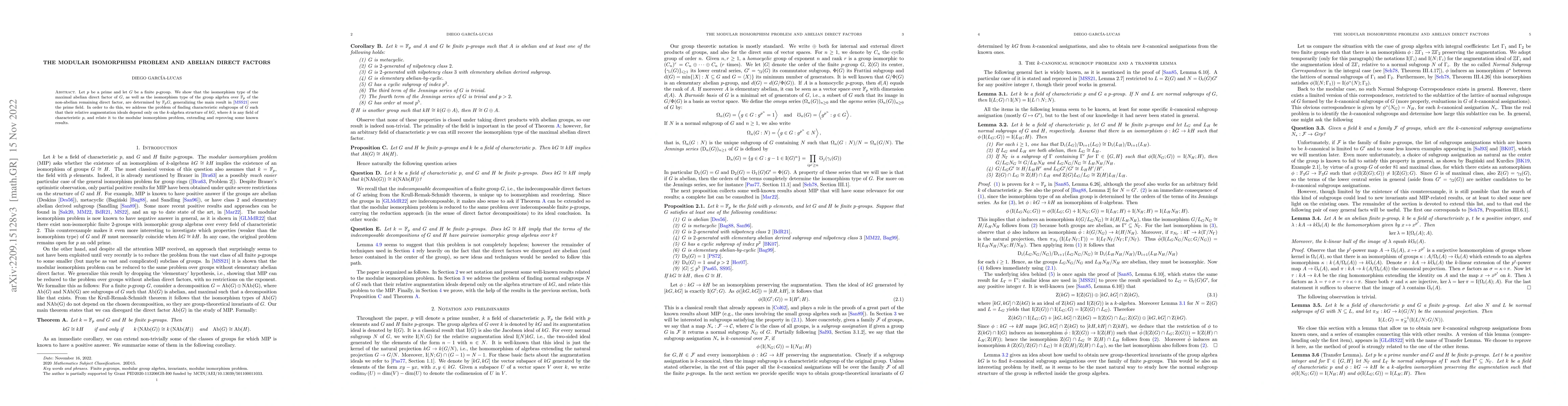 Thumbnail for The modular isomorphism problem and abelian direct factors