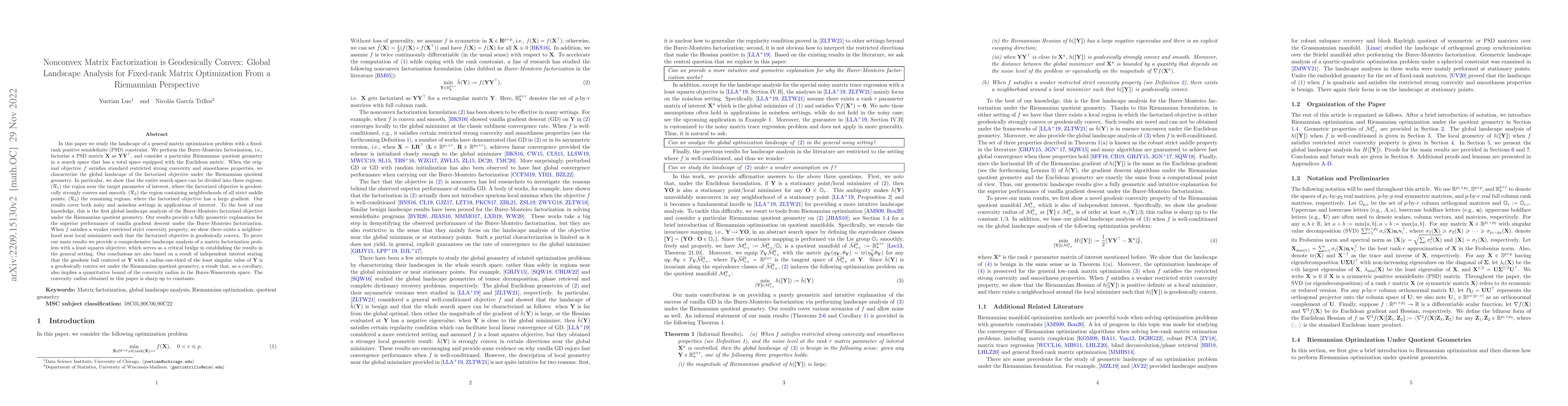 Thumbnail for Nonconvex Matrix Factorization is Geodesically Convex: Global Landscape
  Analysis for Fixed-rank Matrix Optimization From a Riemannian Perspective
