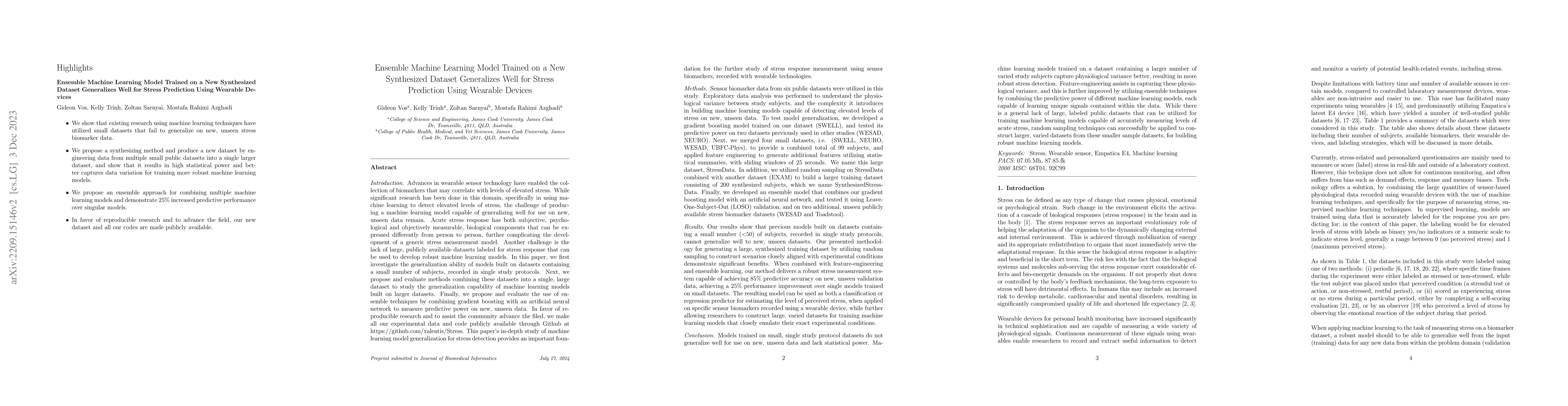 Thumbnail for Ensemble Machine Learning Model Trained on a New Synthesized Dataset
  Generalizes Well for Stress Prediction Using Wearable Devices