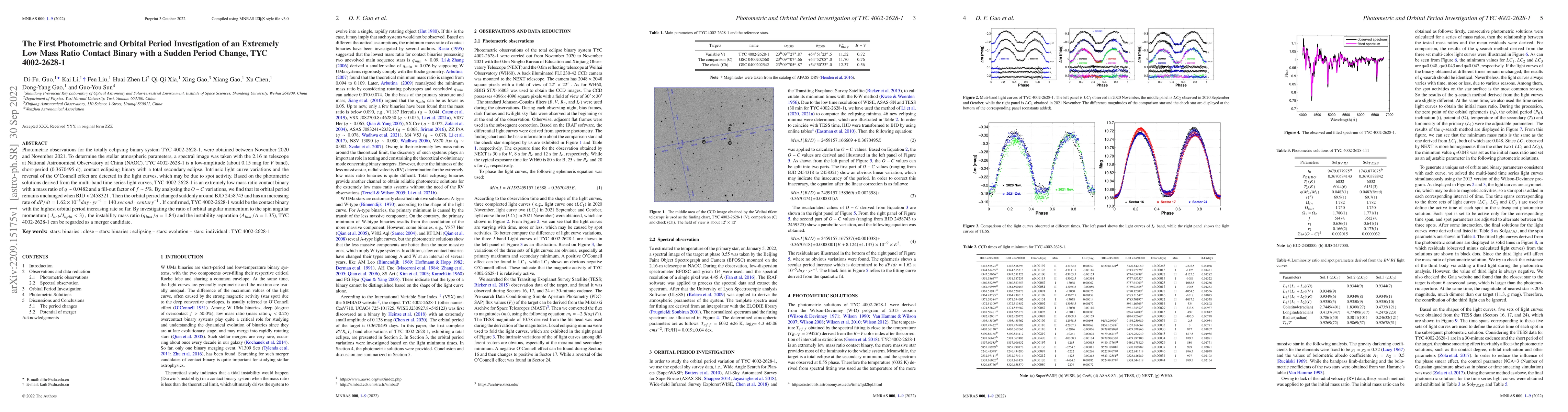 Thumbnail for The First Photometric and Orbital Period Investigation of an Extremely
  Low Mass Ratio Contact Binary with a Sudden Period Change, TYC 4002-2628-1
