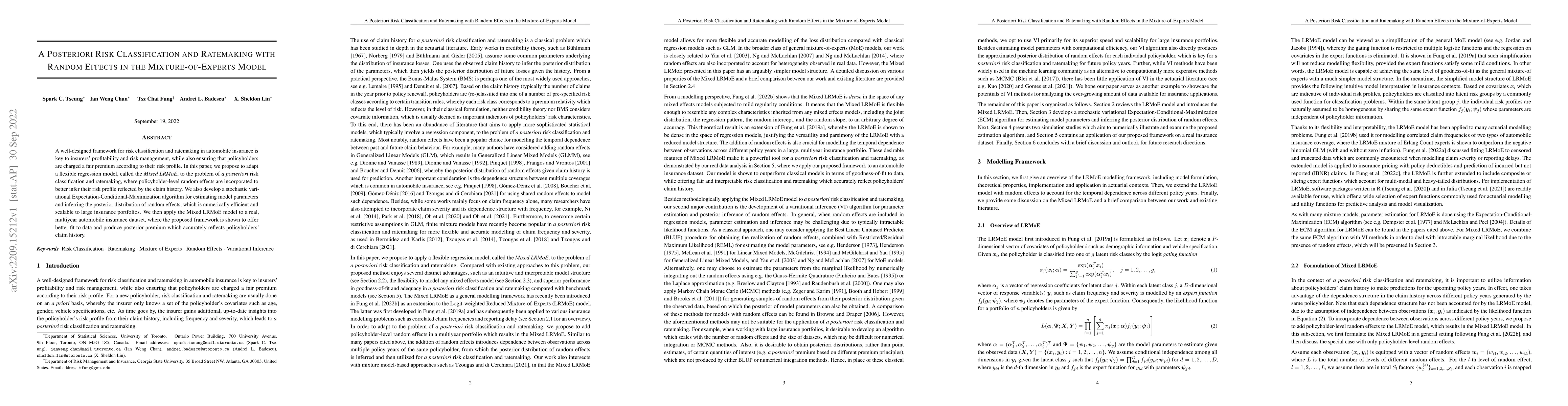 Thumbnail for A Posteriori Risk Classification and Ratemaking with Random Effects in
  the Mixture-of-Experts Model