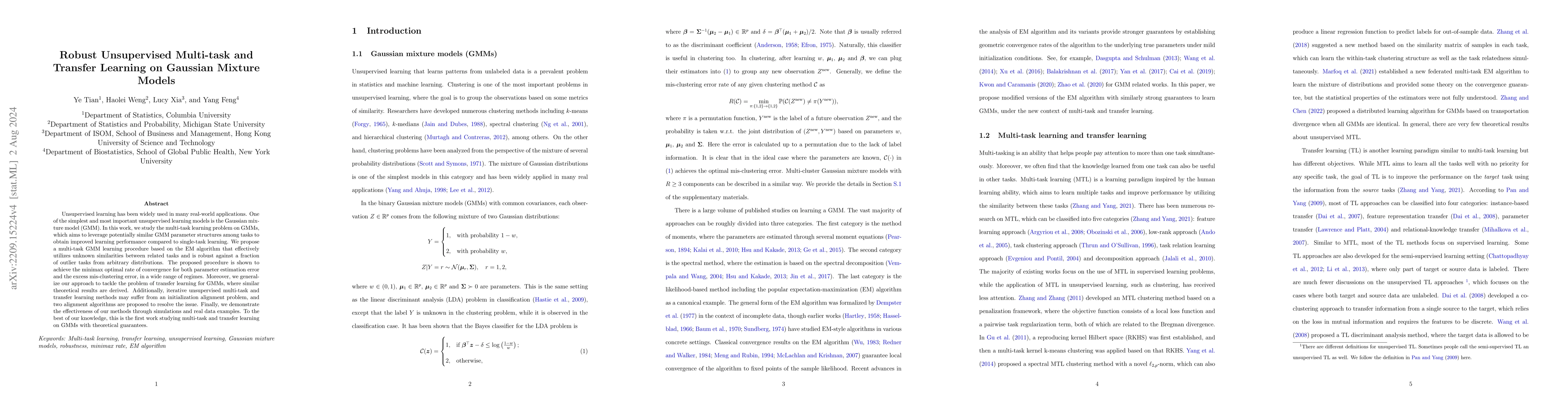 Thumbnail for Robust Unsupervised Multi-task and Transfer Learning on Gaussian Mixture
  Models