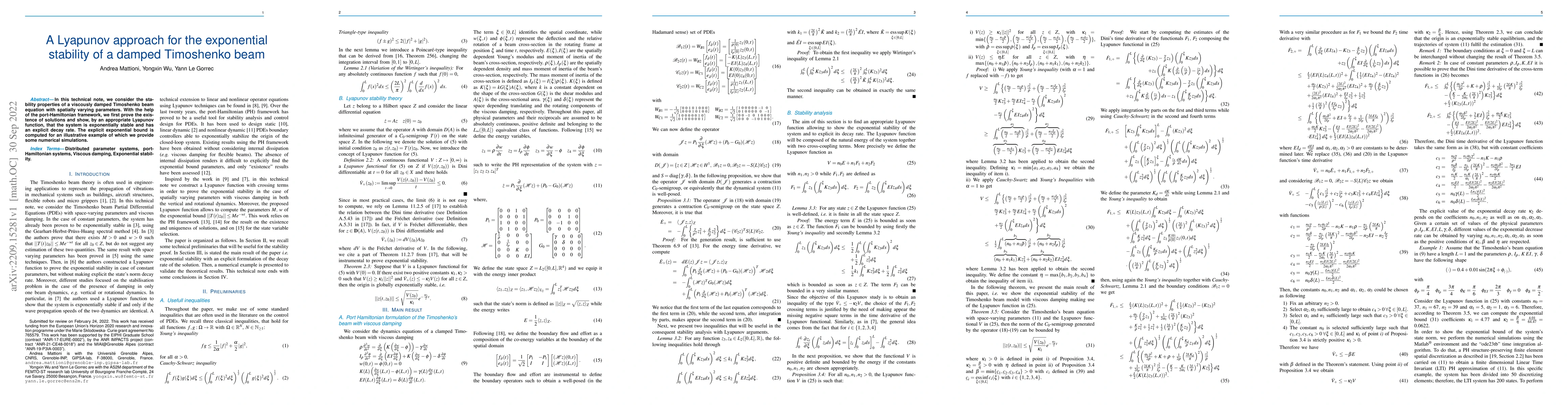 Thumbnail for A Lyapunov approach for the exponential stability of a damped Timoshenko
  beam