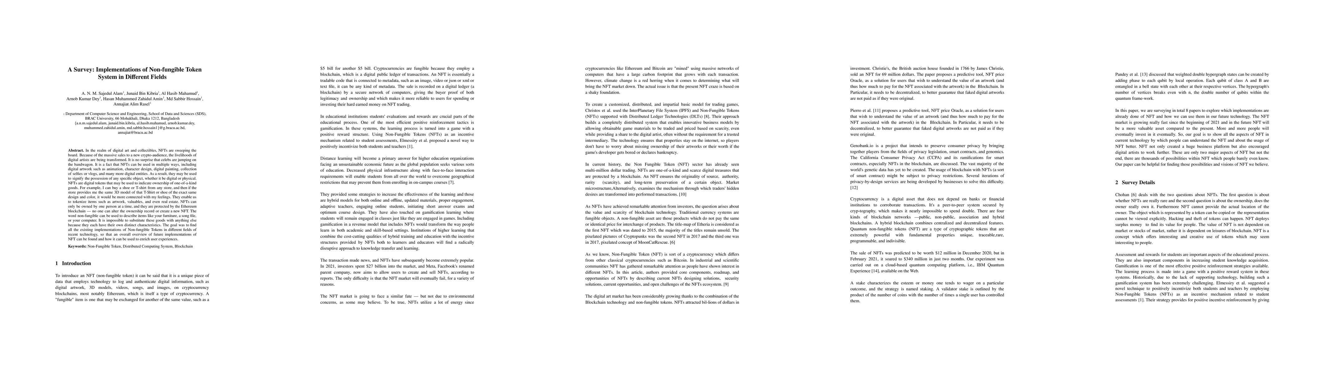 Thumbnail for A Survey: Implementations of Non-fungible Token System in Different
  Fields