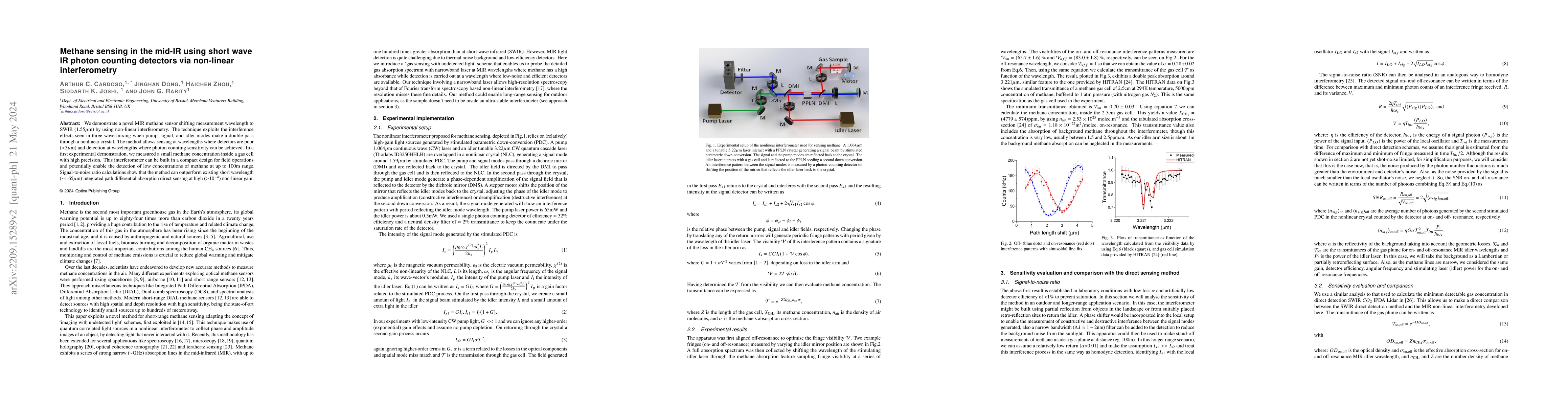 Thumbnail for Methane sensing in the mid-IR using short wave IR photon counting
  detectors via non-linear interferometry