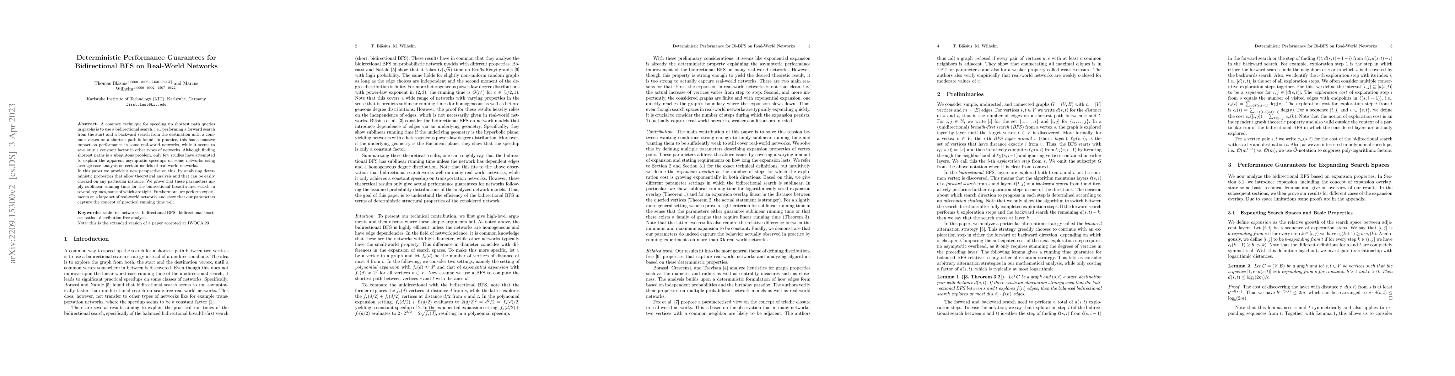 Thumbnail for Deterministic Performance Guarantees for Bidirectional BFS on Real-World
  Networks