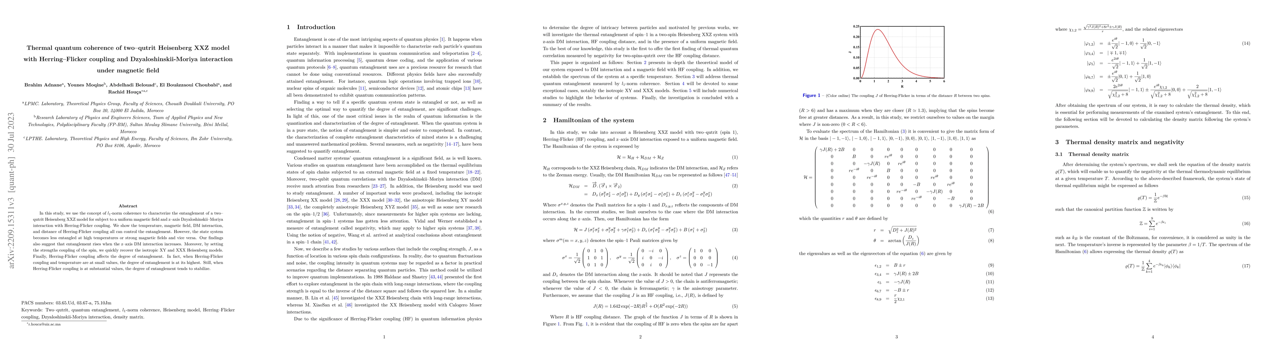 Thumbnail for Thermal quantum coherence of two-qutrit Heisenberg XXZ model with
  Herring-Flicker coupling and Dzyaloshinskii-Moriya interaction under magnetic
  field