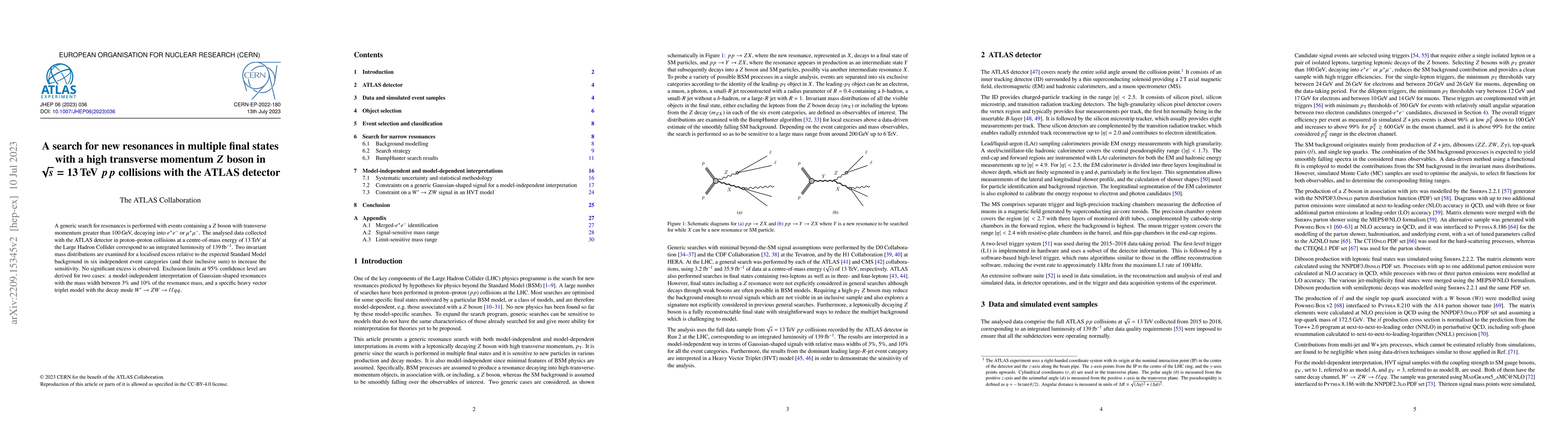 Thumbnail for A search for new resonances in multiple final states with a high
  transverse momentum $Z$ boson in $\sqrt{s}=13$ TeV $pp$ collisions with the
  ATLAS detector