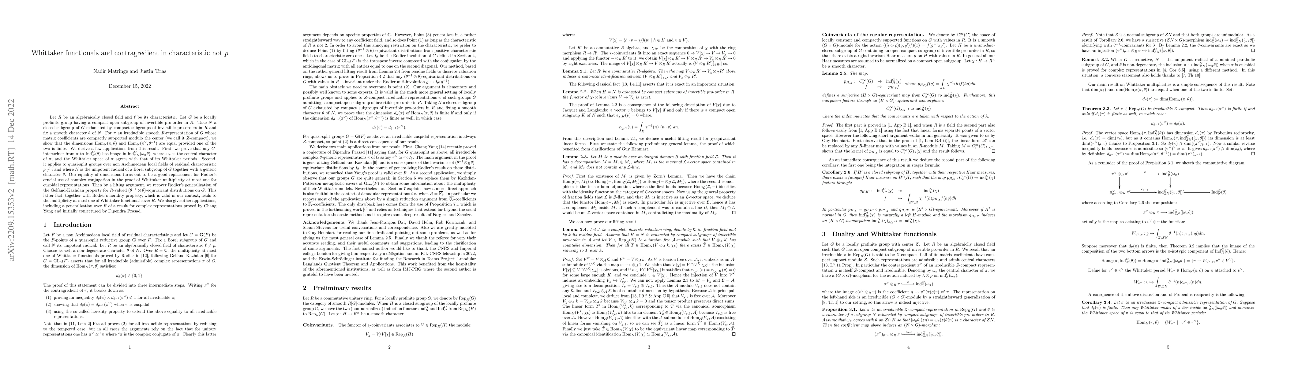 Thumbnail for Whittaker functionals and contragredient in characteristic not $p$