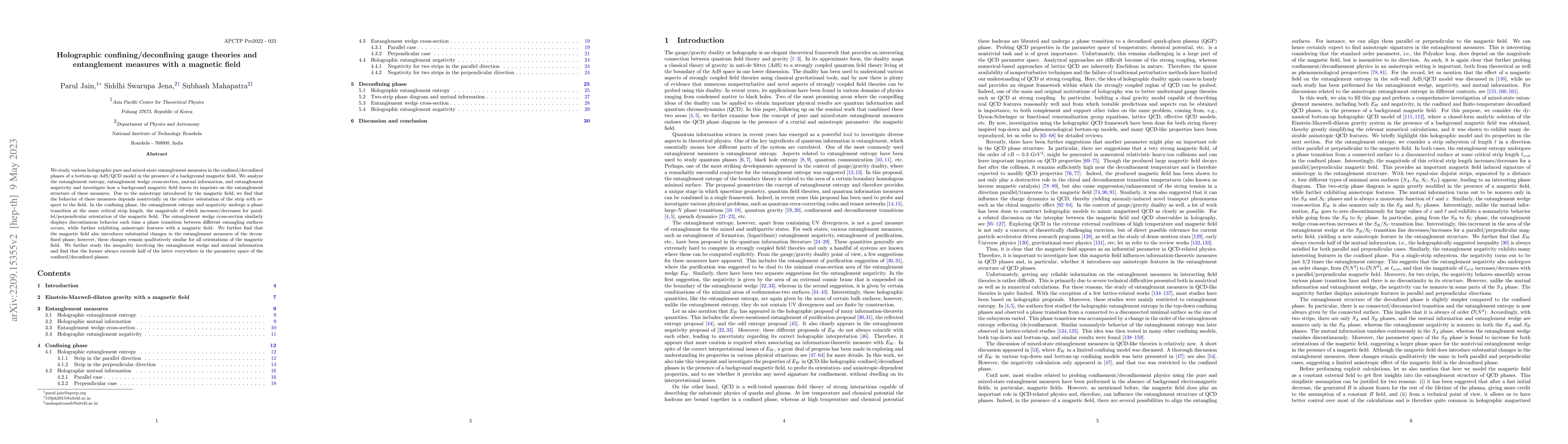 Thumbnail for Holographic confining/deconfining gauge theories and entanglement
  measures with a magnetic field