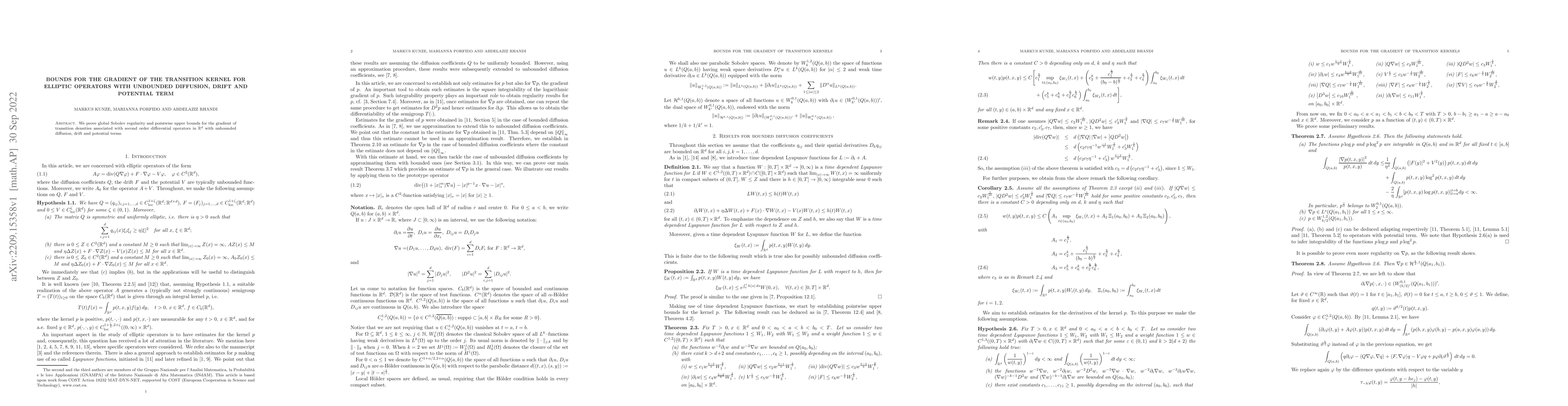 Thumbnail for Bounds for the gradient of the transition kernel for elliptic operators
  with unbounded diffusion, drift and potential term